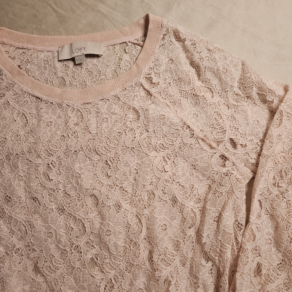 LOFT Pink‎ Lace Crochet Sheer Pullover Top Sweater Women's Size Medium
